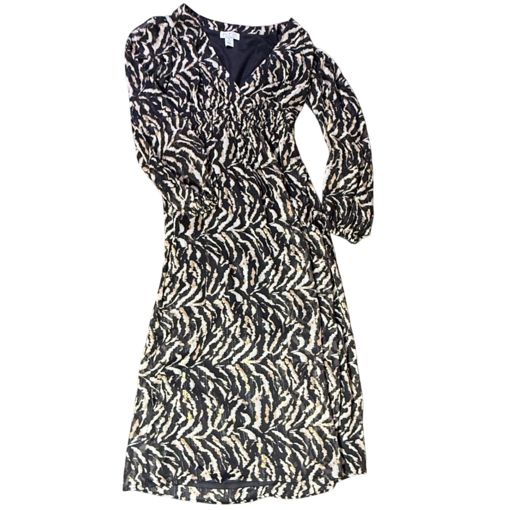Sofia Vergara Animal Print Dress XS V Neck Long Sleeve Black Tan Gold